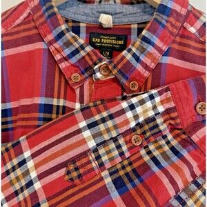 Urban Outfitters Mens Sz L Dress Shirt Red Tartan Plaid CPO Provisions Cabincore